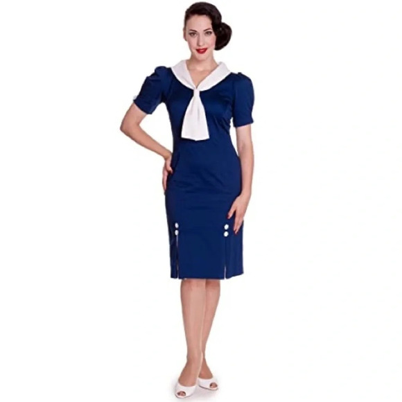 Unique Vintage x Hell Bunny Plus Size Navy Blue Sailor Jackie Pencil Dress - Picture 5 of 14